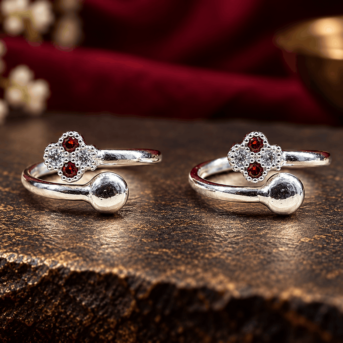 Designer Red Stone Silver Toe Rings