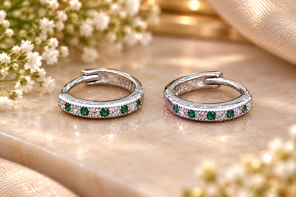 Silver Green Stone Hoop Earrings