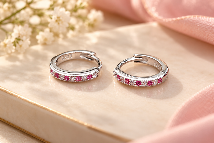 Silver Pink Stone Hoop Earrings