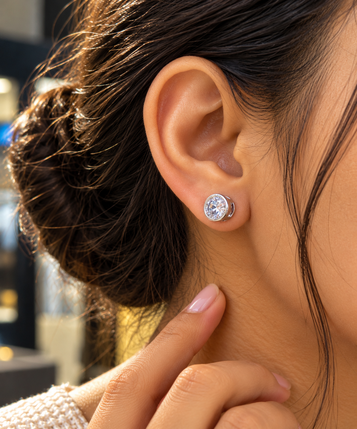 Silver Round Solitaire Stone Stud Earrings