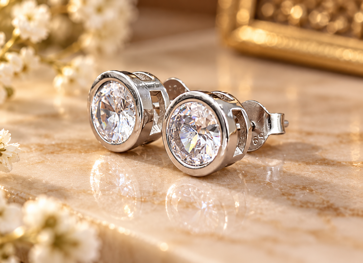 Silver Round Solitaire Stone Stud Earrings