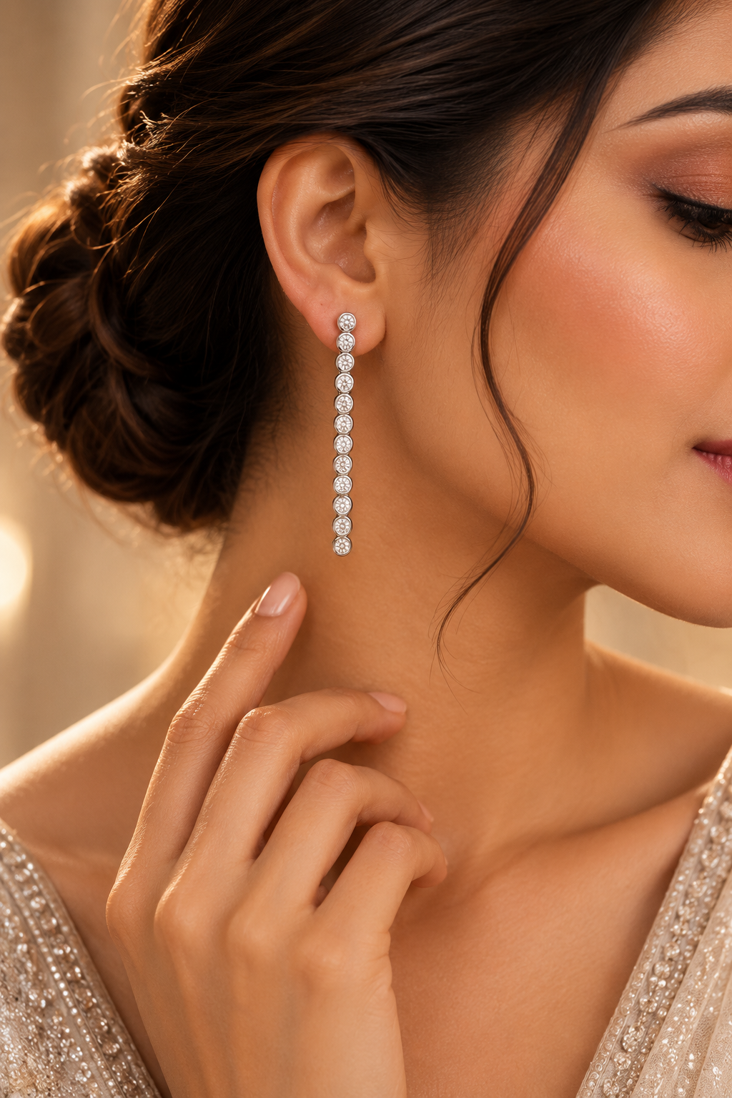 Silver Round Stone Drop Earrings