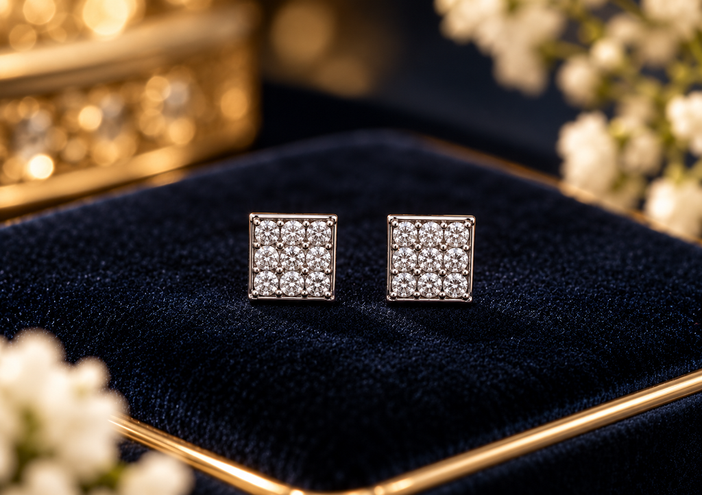 Silver Square CZ Stone Stud Earrings