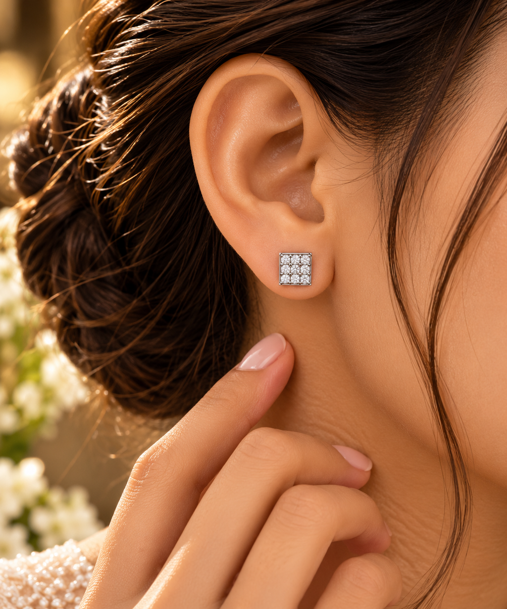 Silver Square CZ Stone Stud Earrings
