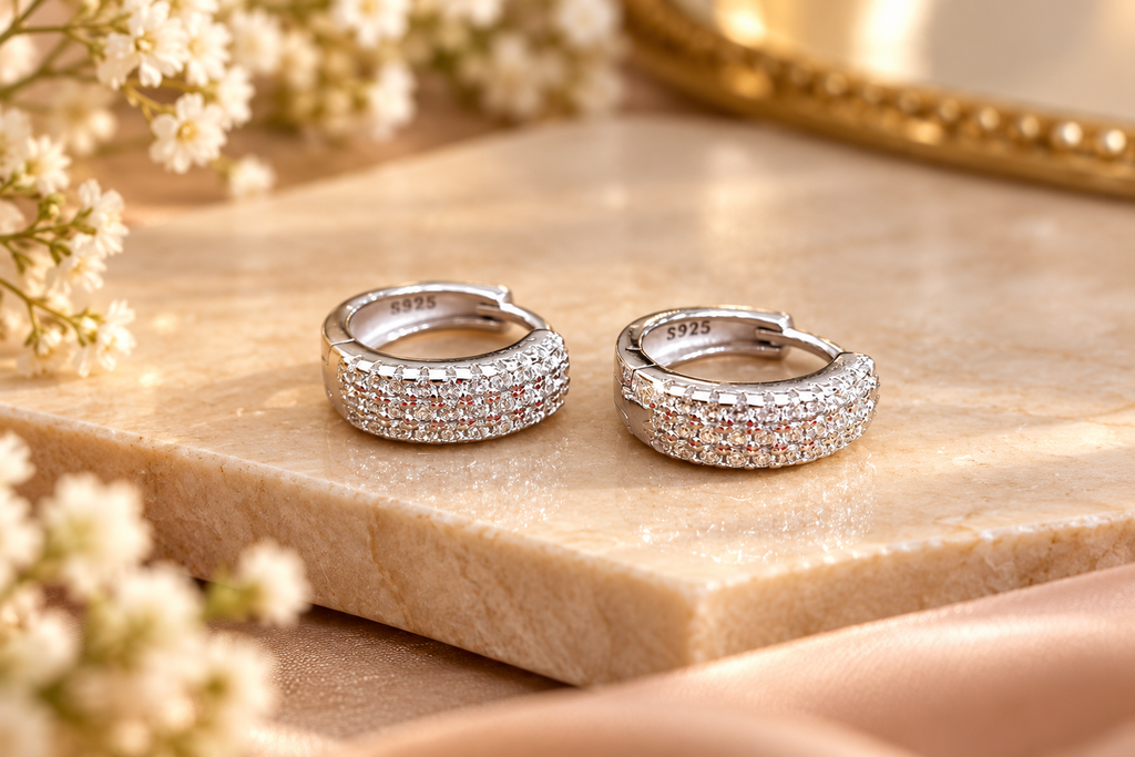 Silver Stone-Studded Huggie Hoop