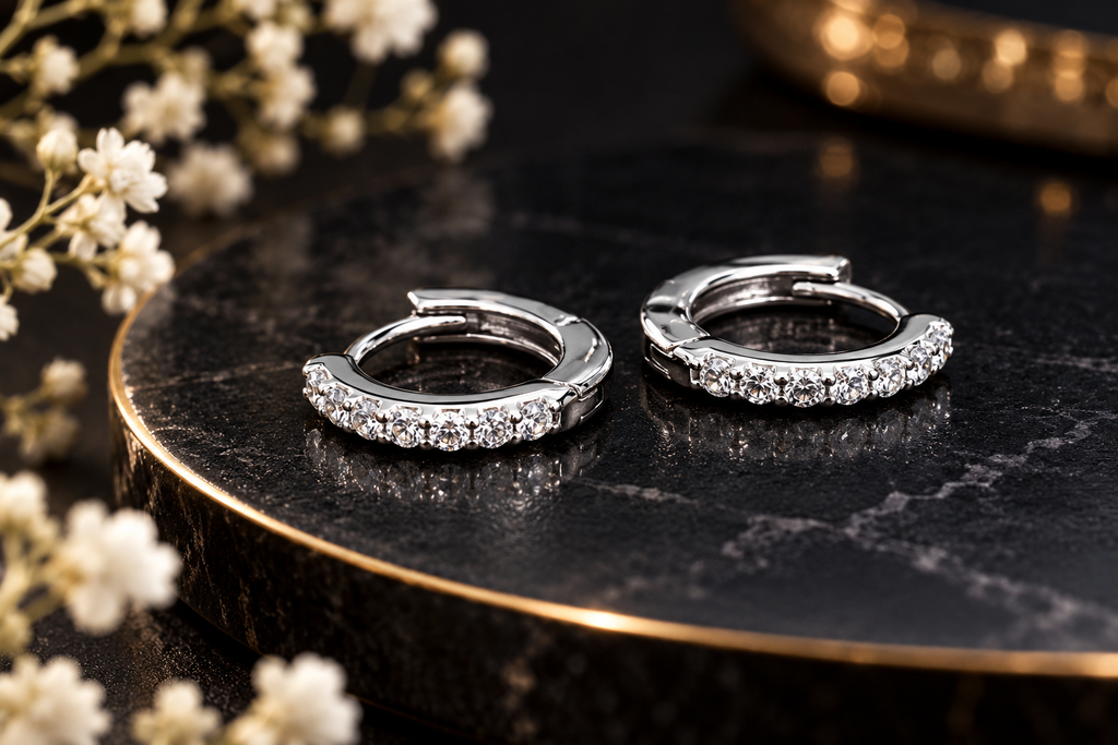 Silver White Stone Hoop Earrings