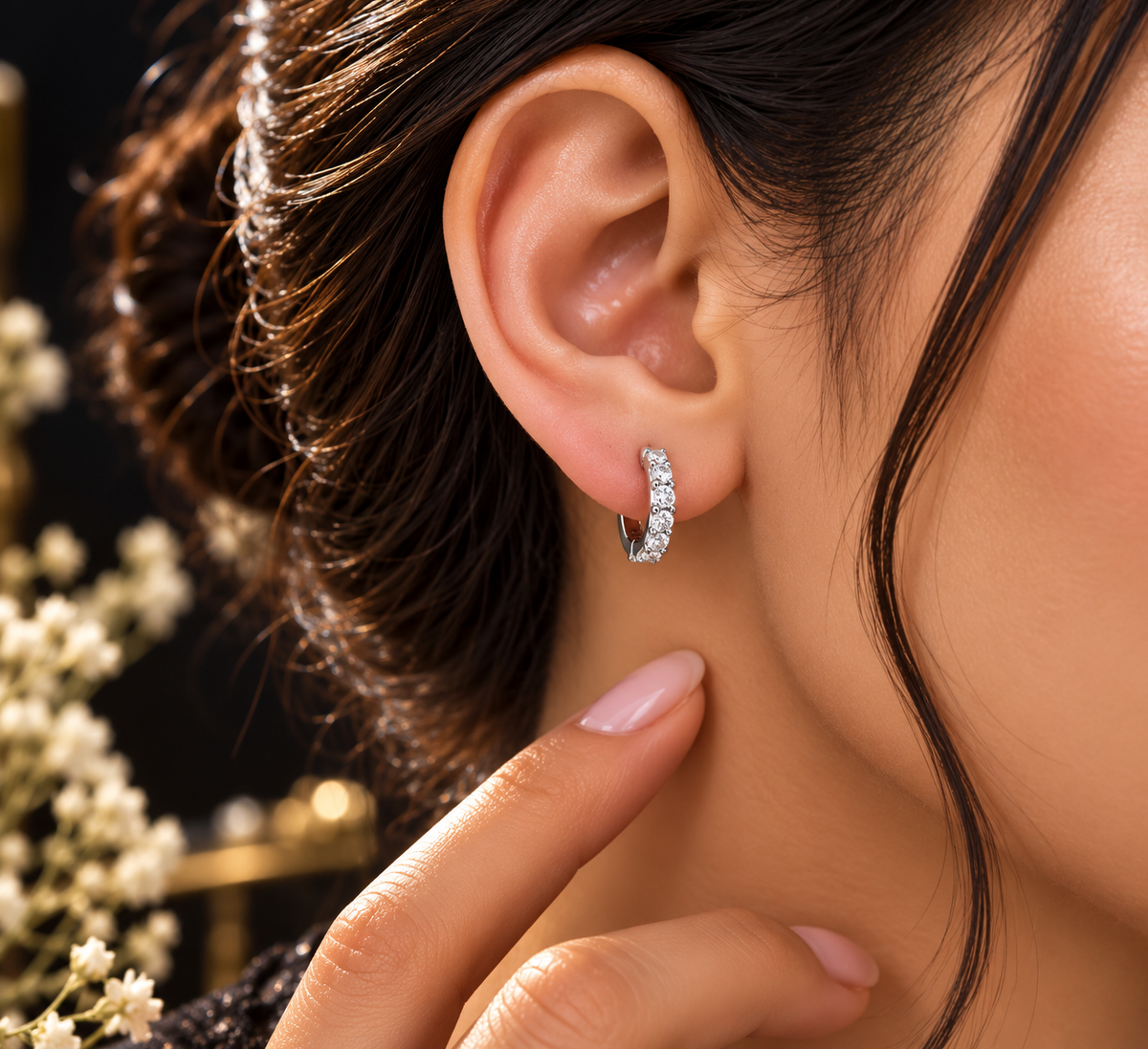 Silver White Stone Hoop Earrings