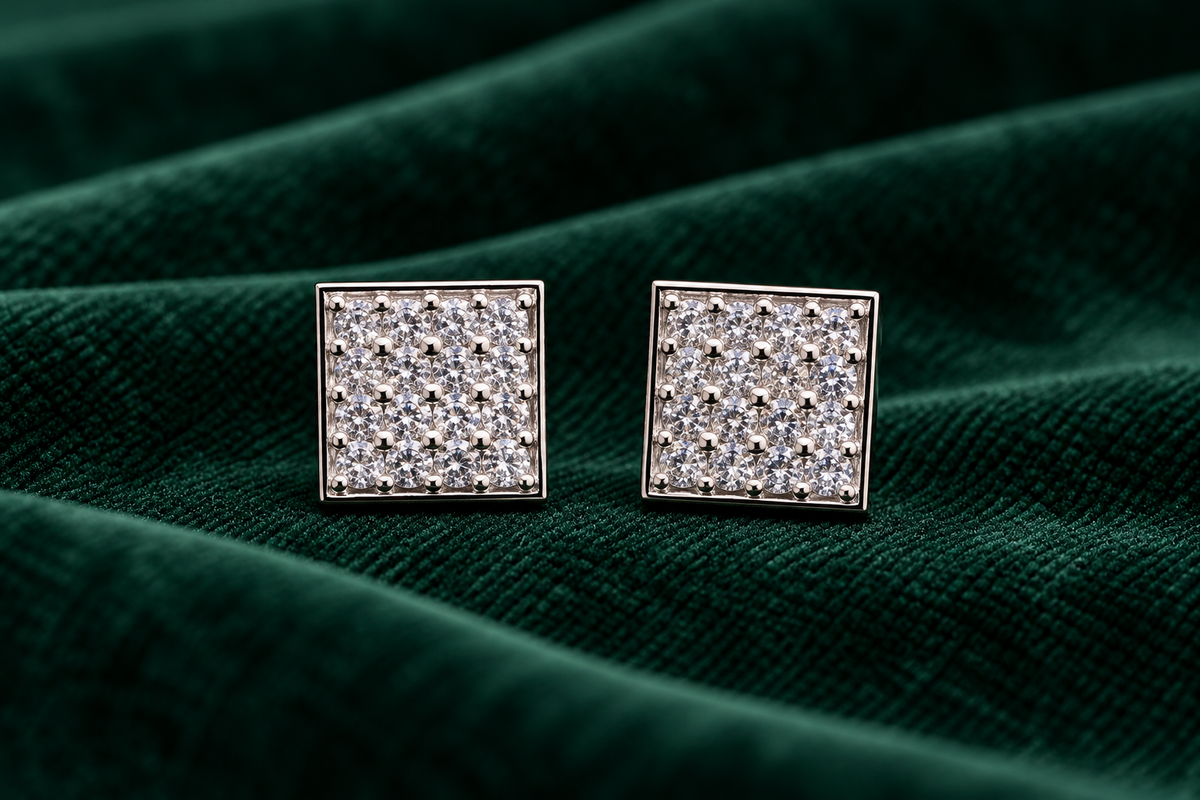 Square Silver Stone Stud Earrings