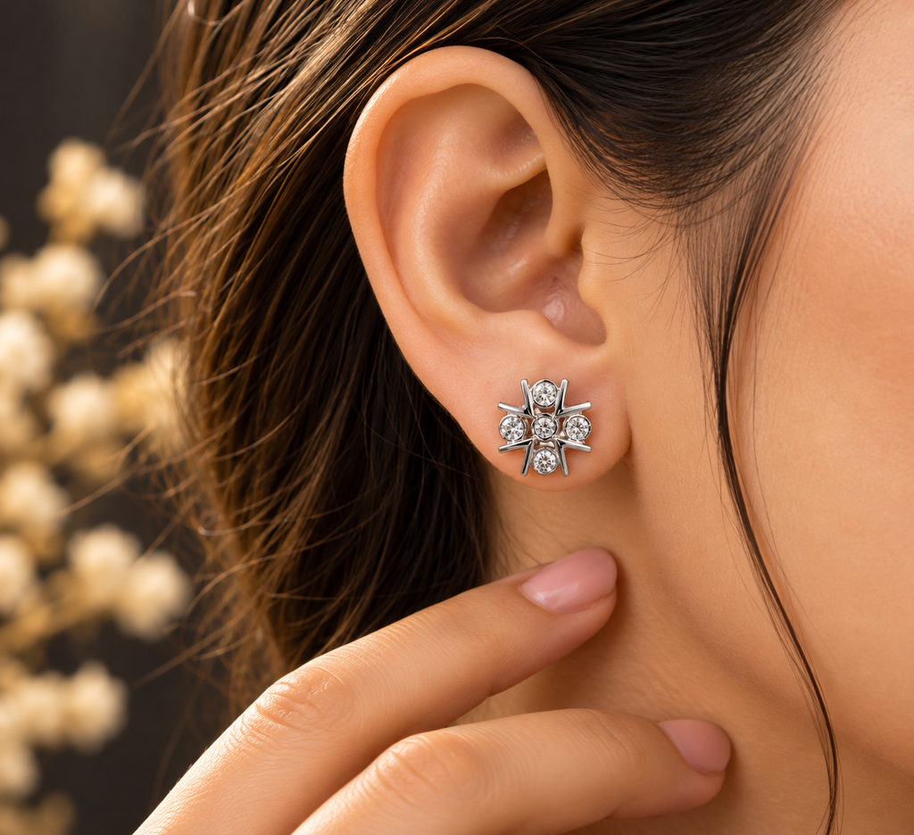 Silver Geometric CZ Stone Stud Earrings
