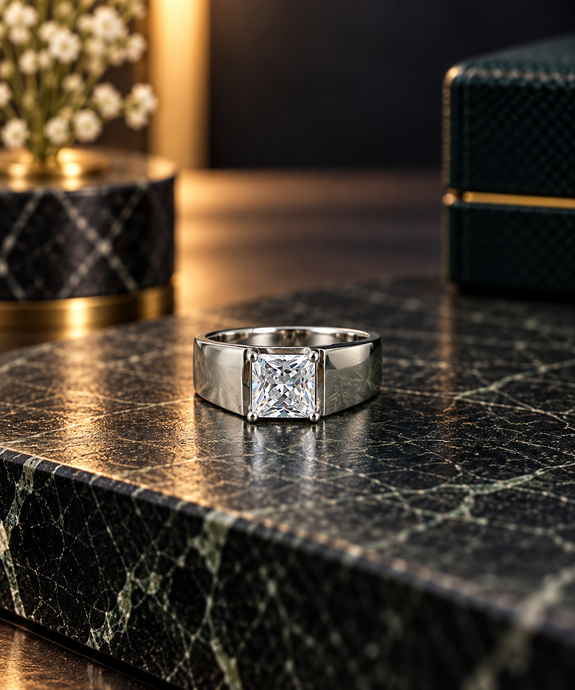 Square Solitaire Silver Ring