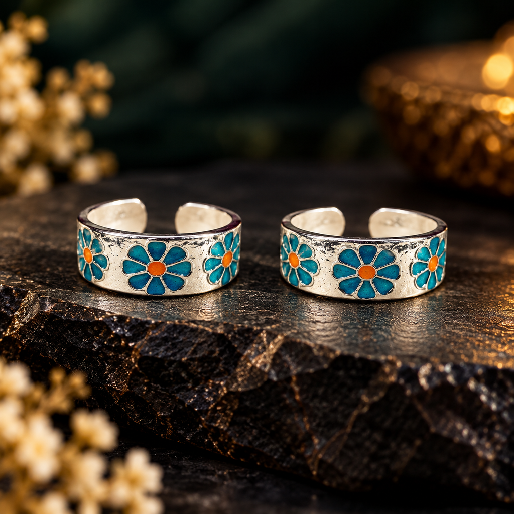 Blue Floral Silver Toe Rings