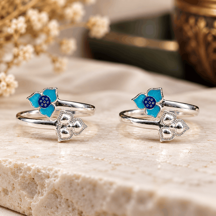 Blue Floral Enamel Silver Toe Rings