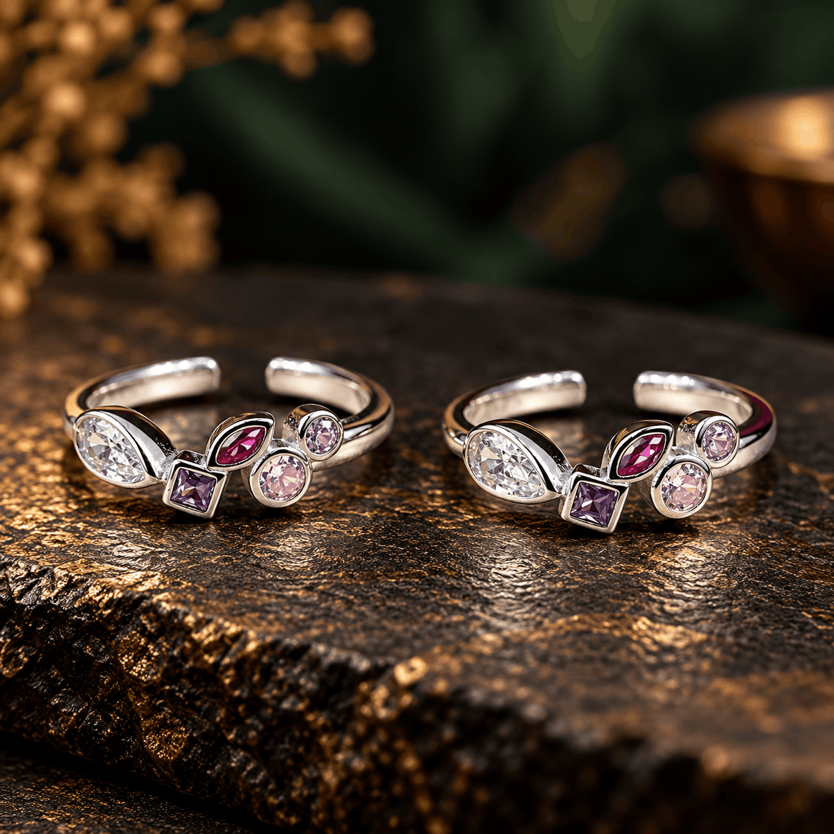 Multicolour Stone Silver Toe Rings