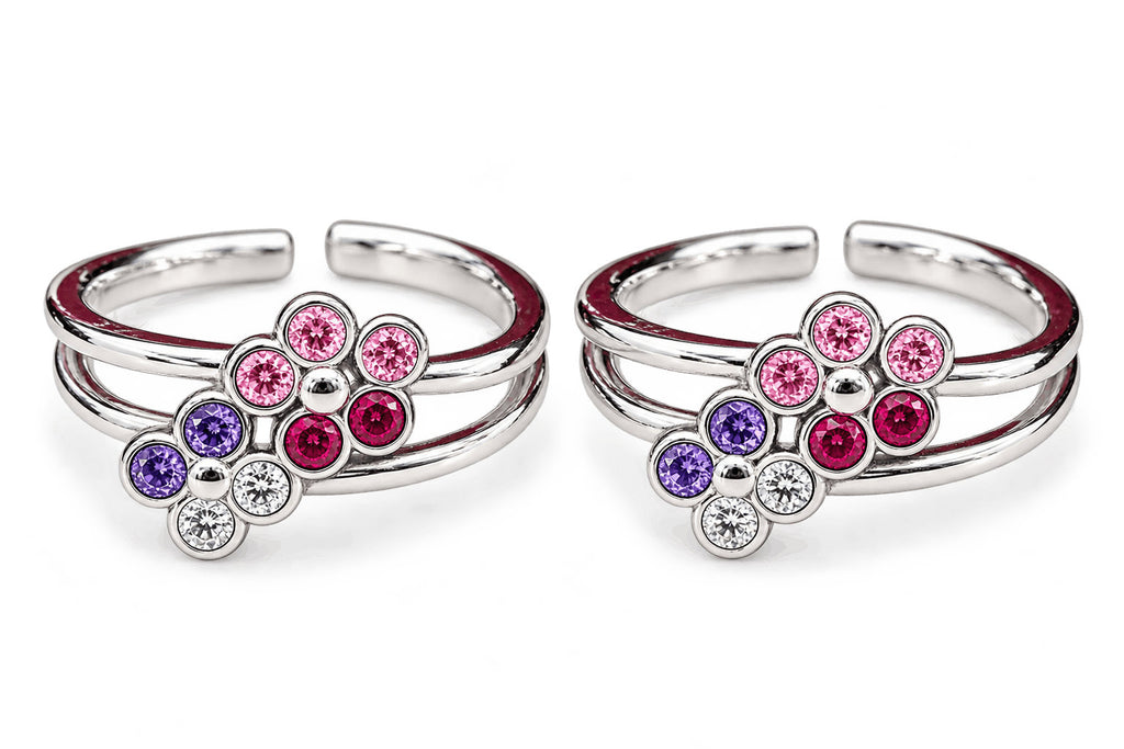 Multicolour Floral Silver Toe Rings