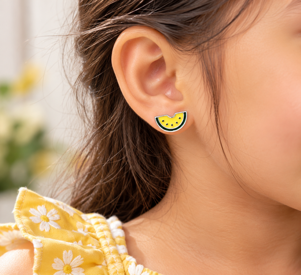 Yellow Watermelon Silver Stud Kids Earrings