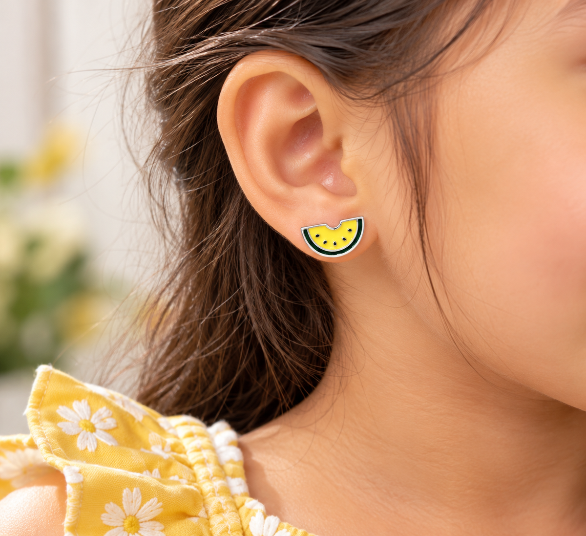 Yellow Watermelon Silver Stud Kids Earrings