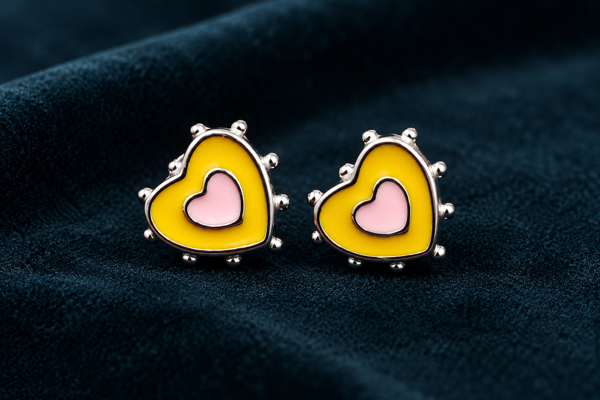 Yellow and Pink Heart Silver Stud Kids Earrings