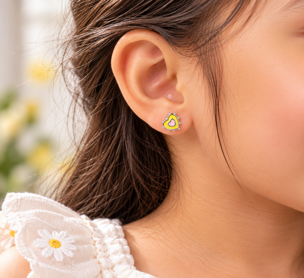 Yellow and Pink Heart Silver Stud Kids Earrings