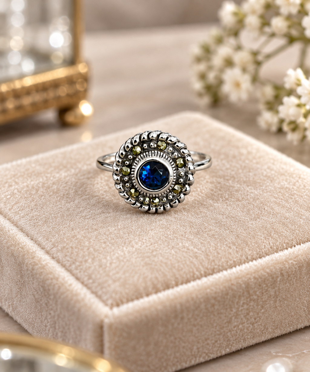 Blue Stone Floral Silver Ring