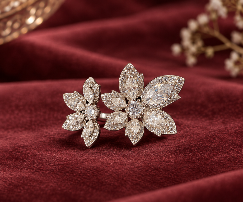 Double Floral Sparkle Silver Ring