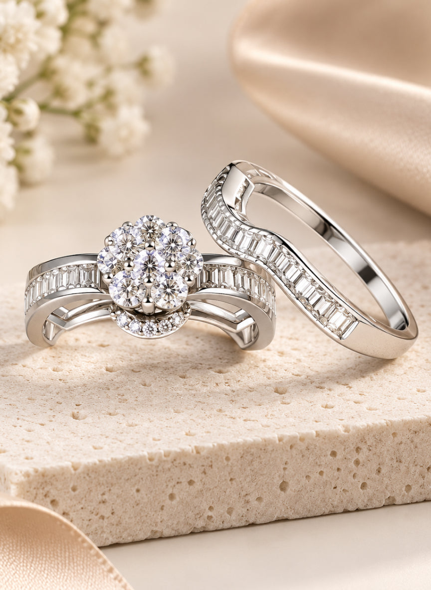 Floral Paired Silver Ring Set